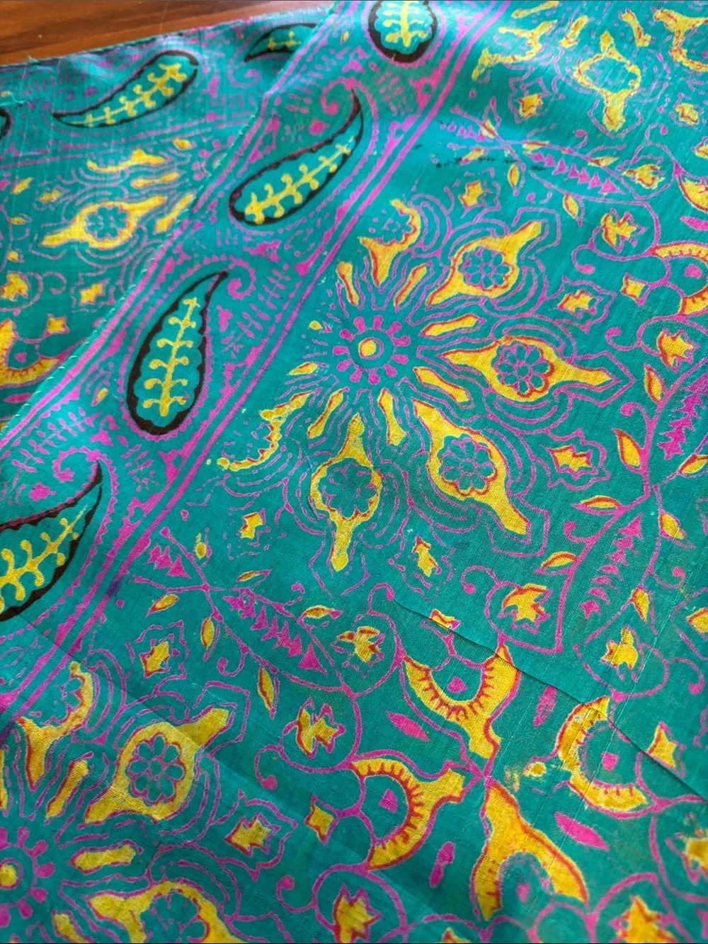 Vibrant 100% Pure Silk Teal Paisley Silk Scarf Yellow & Pink Accents -India